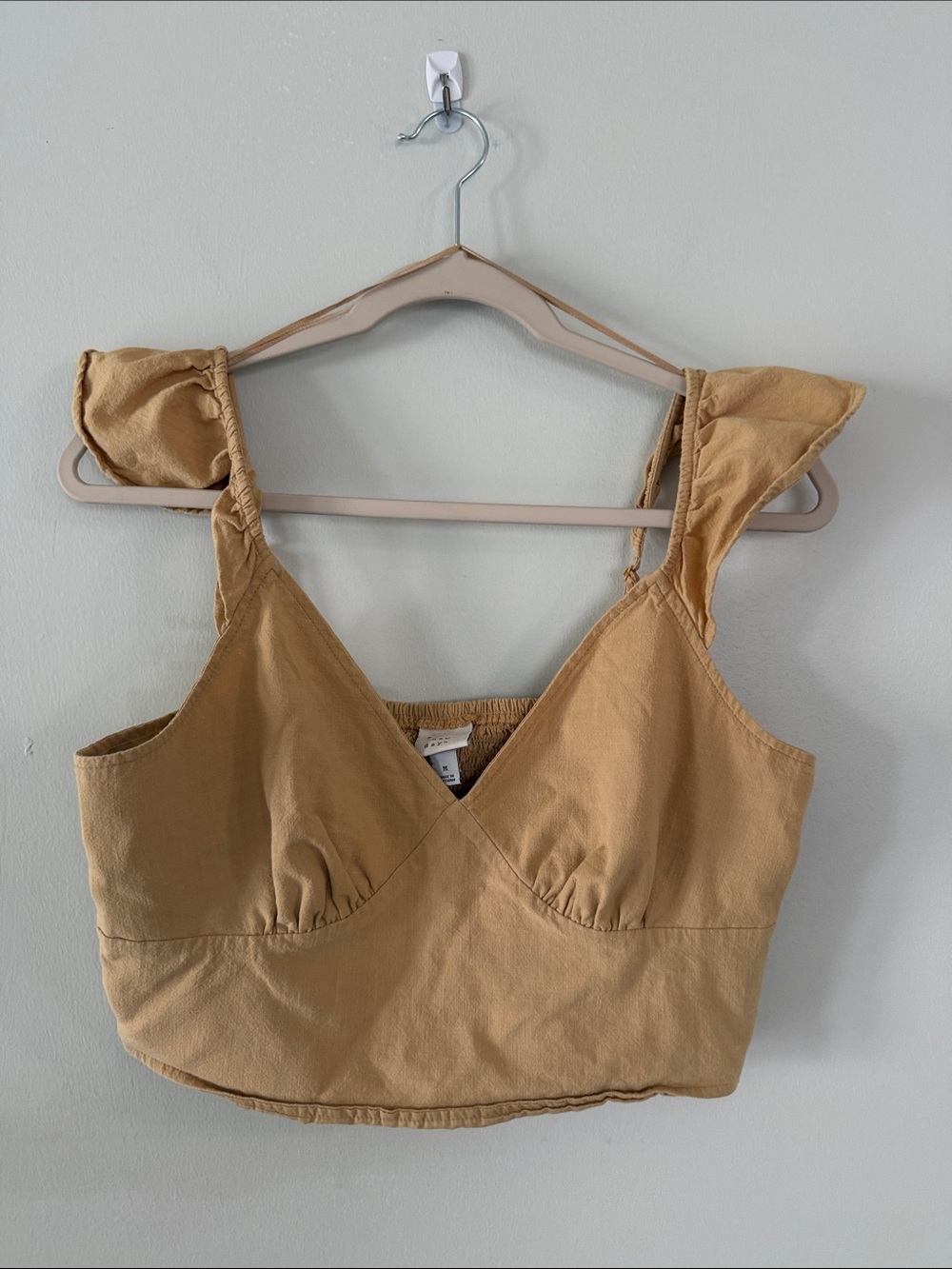 a new day Ruffled Strap V-Neck Crop Top in Camel